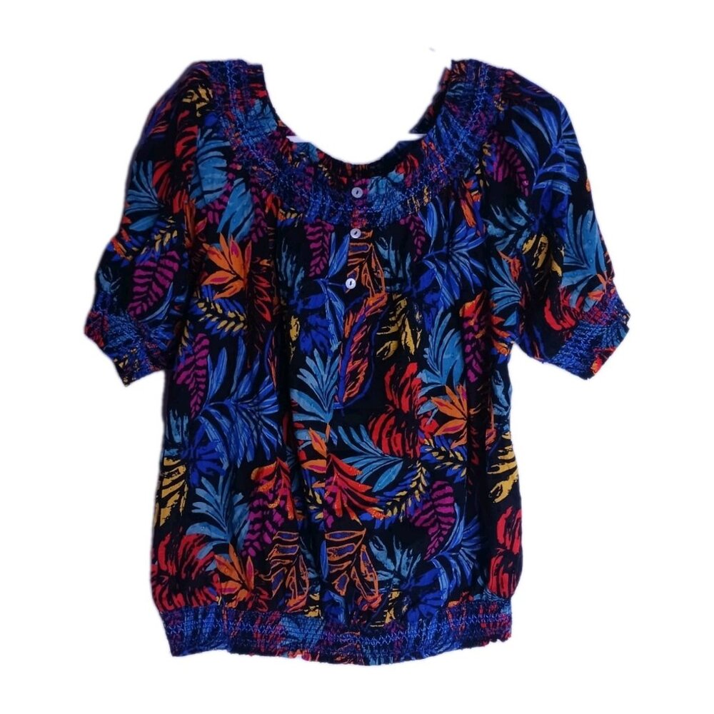 Destination 365 Printed Clip Jacquard Top with Smocked Detail Women's Size XS
